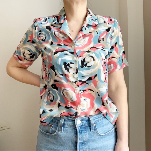 Vintage Tops - Vtg Multicolore Button Down Shirt Polyester M